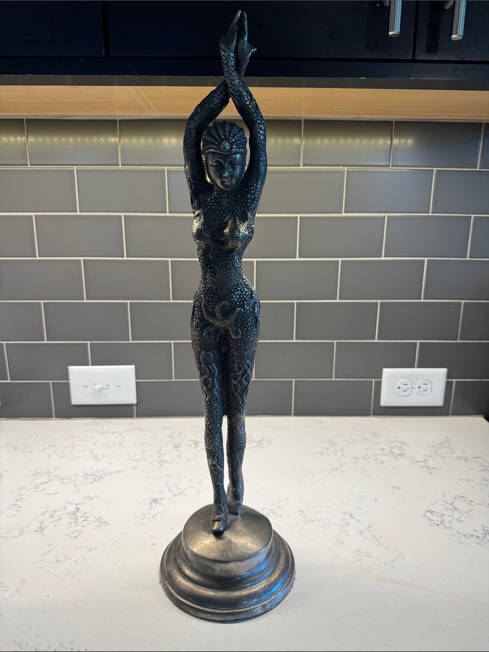 Antique Black Standing Female Figurine Sculpture with Silver Accents